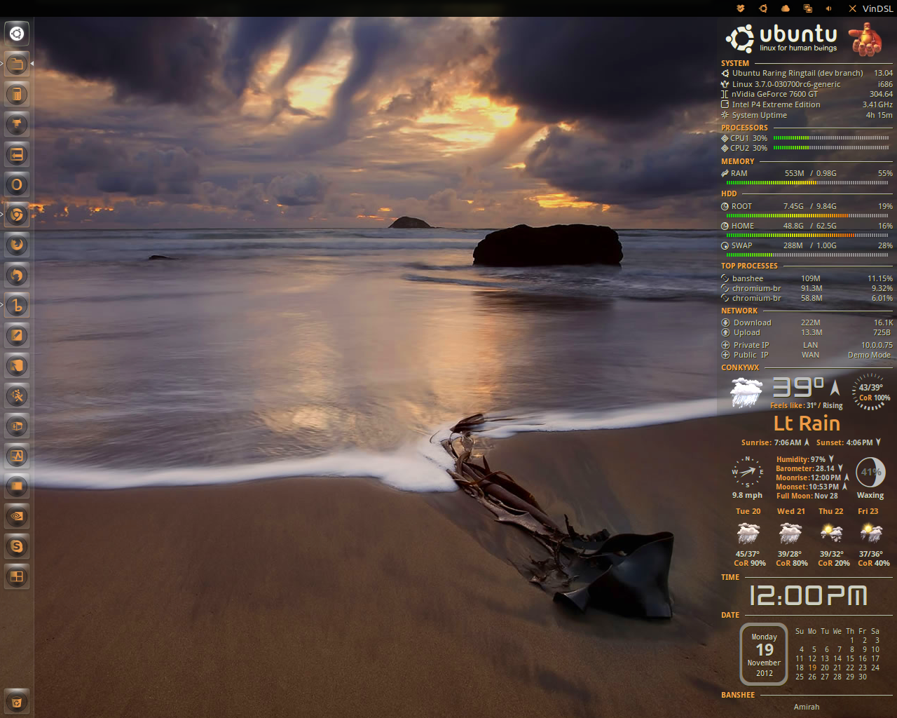 Ubuntu 13.04 / Conky 1.9.0-2 / Lua / Unity / Banshee / Conkywx 0.7.9 - Imperial Weather Graphics